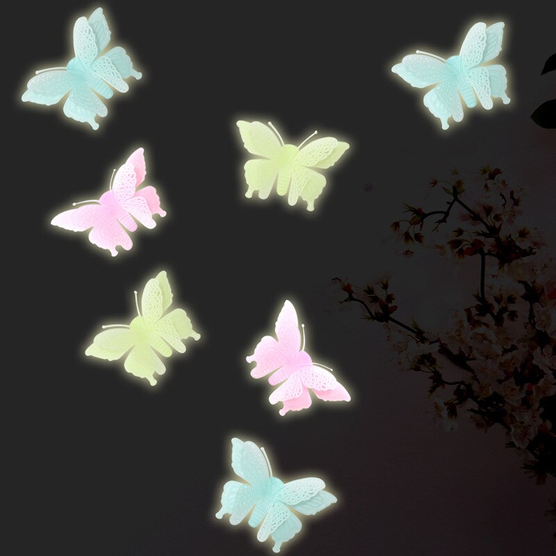 6 stk lysende dobbeltlags sommerfugl 3d børneværelse dekoration glød i mørket kunst fluorescerende legetøj