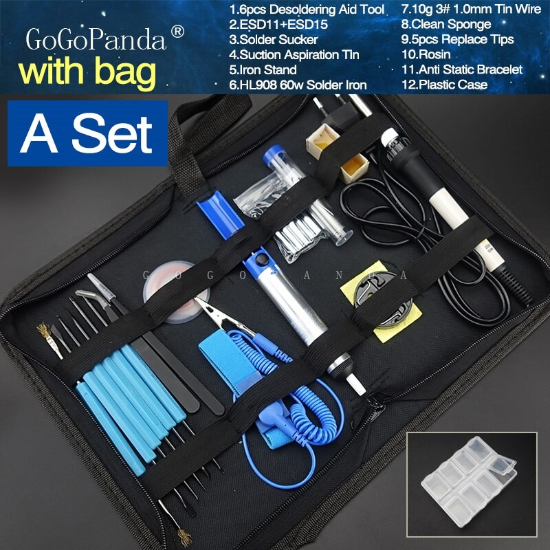 18 In 1 Electrical Solder Iron Set Temperature Adjustable with Replacement Tips Desoldering Aid Tool Solder Sucker: HL908-A Set