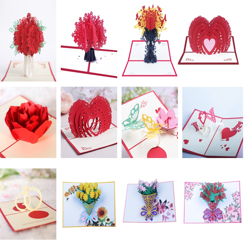 3D Rose Pop Up Card Cherry Blossoms Wedding Invitations Card LOVE Butterfly Flower Greeting Cards Romantic Thank You Cards Party