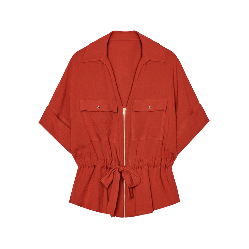 Set Woman 2 Pieces Short Sleeve Stand Zippers Lace Up Tops Loose Straight-leg Pants Summer Female Casual Outfits: M / CORAL RED