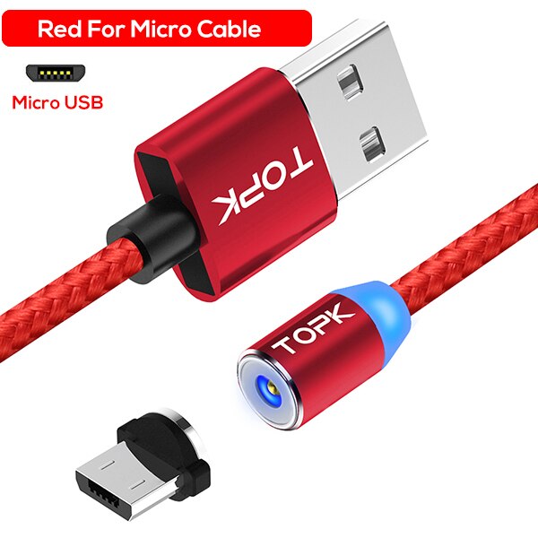 Topk 1M(3.3ft) Led Magnetische Micro Usb Kabel, premium Nylon Gevlochten Magneet Microusb Charger Kabel Voor Micro Usb Poort: 1 Red Cable 1 Plug / 2m