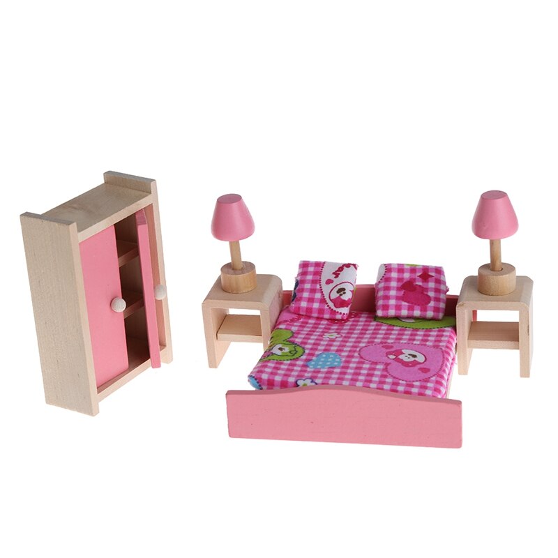 Kid Wooden Furniture Dolls House Miniature 5 Room Set Bedroom/Kitchen/Bathroom/Dinning/Living Room HBB