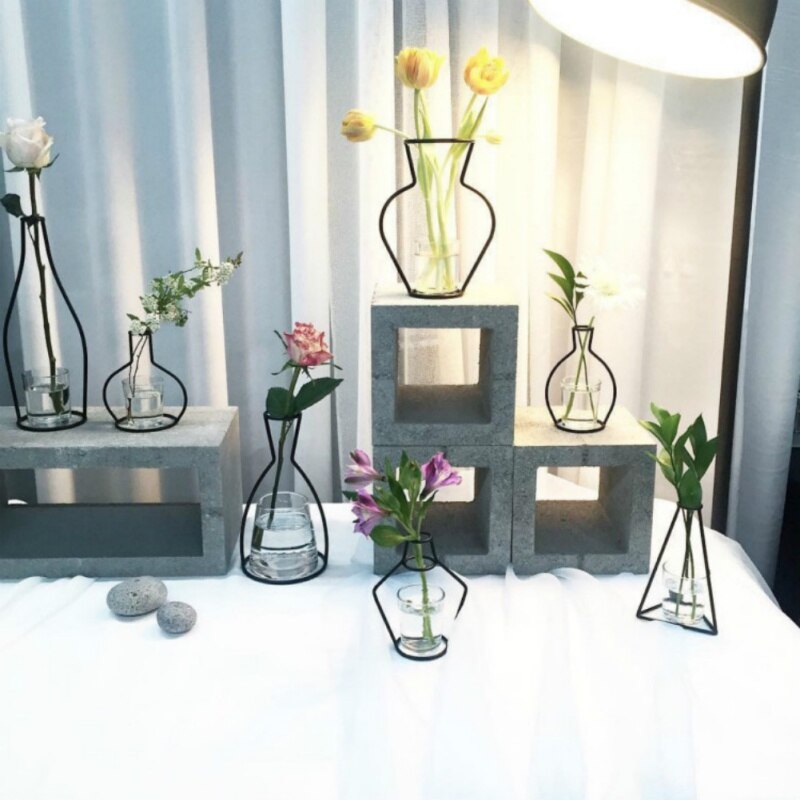 Smijern gjennomsiktig vase abstrakte svarte linjer minimalistisk abstrakt jernvase tørket blomstervasestativ ornamenter