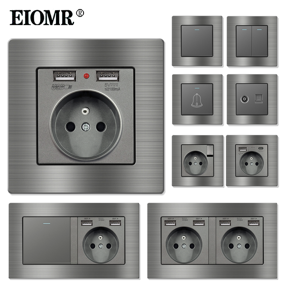 EIOMR France Standard Prise Électrique Gris En Alliage D'aluminium Panneau Interrupteur Rj45 Tv 220V 16A Prises Murales pour Appareil Ménager