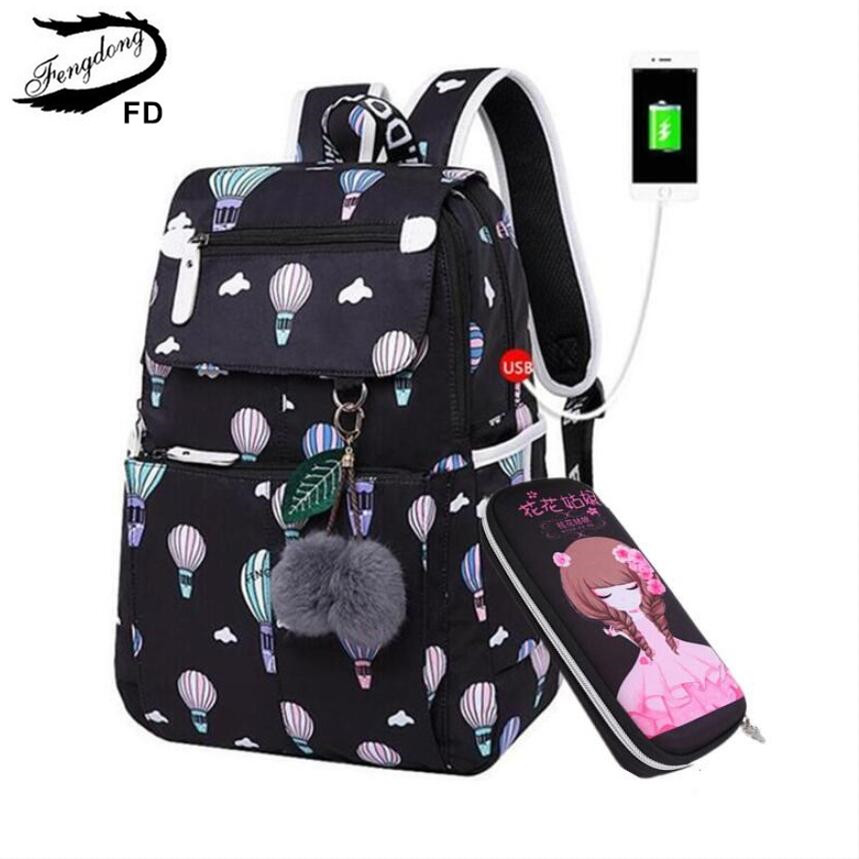 Fengdong-mochila escolar floral para niños, mochilas de escuela para niñas, estudiantes y niñas, pluma bonita, Juego de lápices: ballon