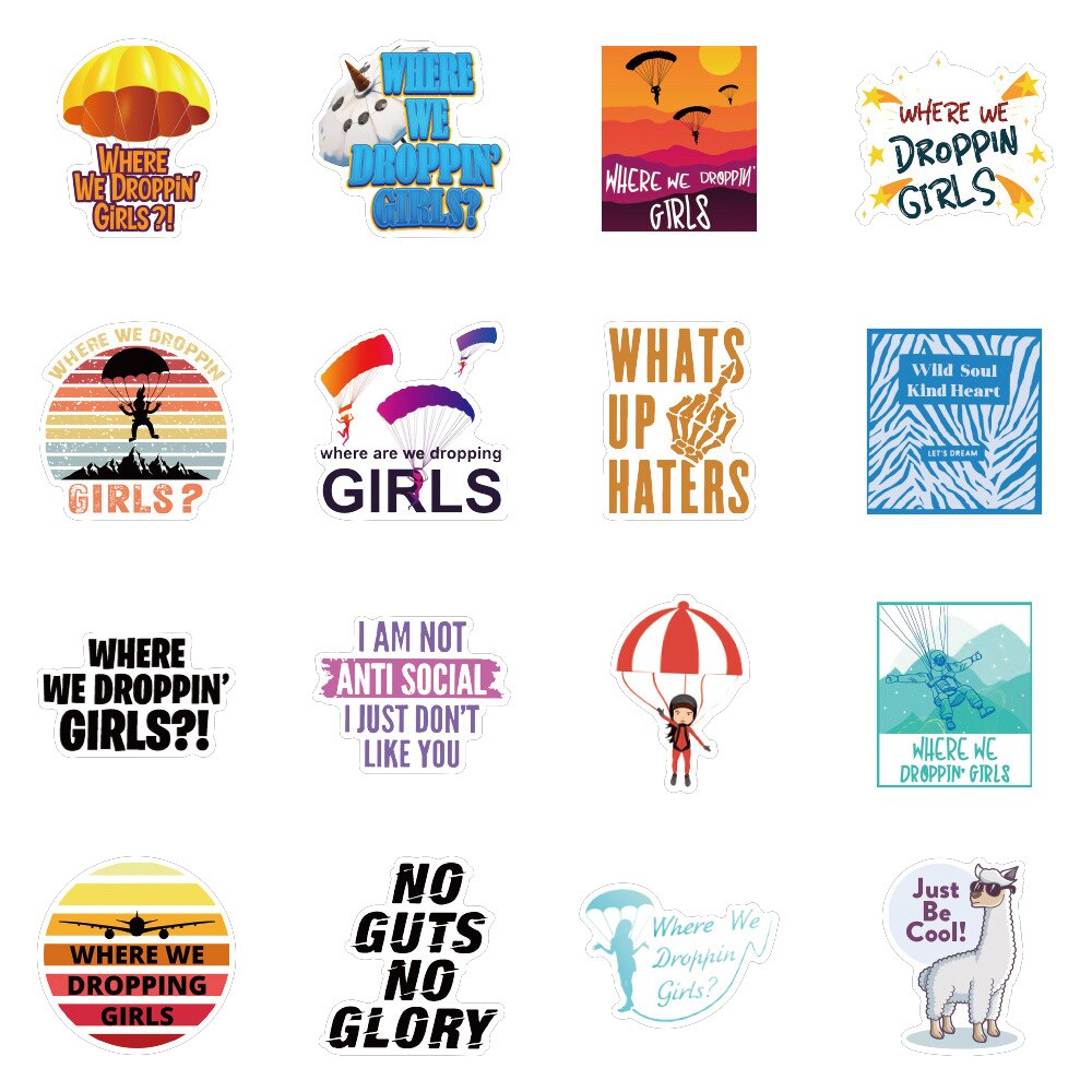 50PCS Where We Droppin Girl Sticker Pack Travel Extreme Sports Skydiving Parachute Stickers to DIY Helmet Laptop Bike Skateboard