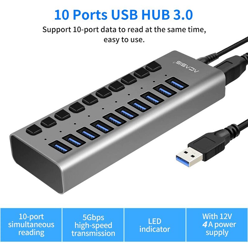 ACASIS Powered USB Hub 10 Ports 90W USB 3.0 Data Hub - with Individual On/Off Switches for PC, Computer,HDD,Flash Drive- US Plug