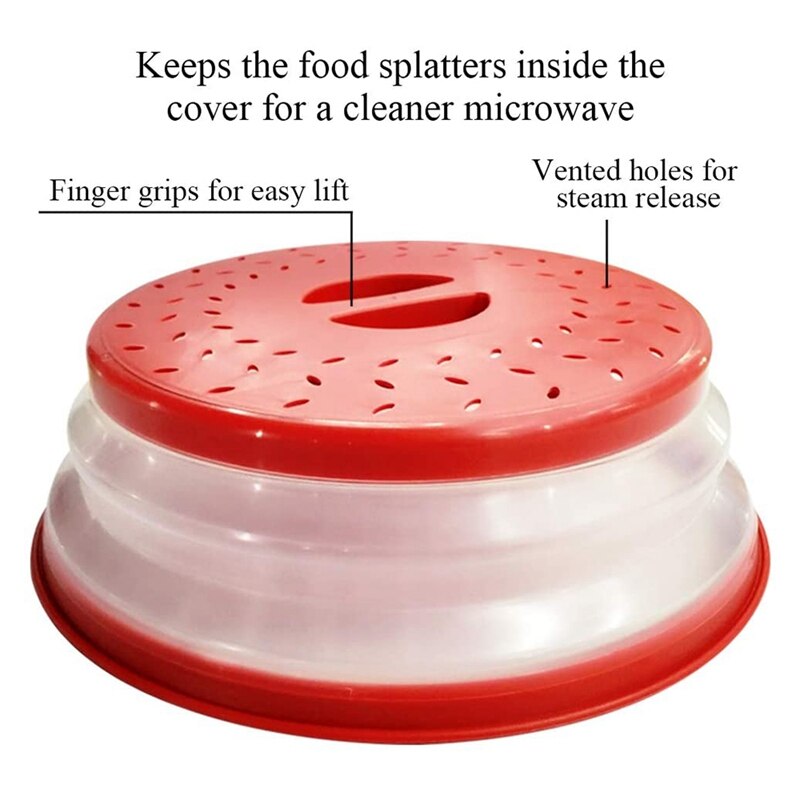 Microwave Plate Cover Food Plate Lid Cover, Plate Guard Lid with Steam Vent & Colander Strainer for Fruit (Red)