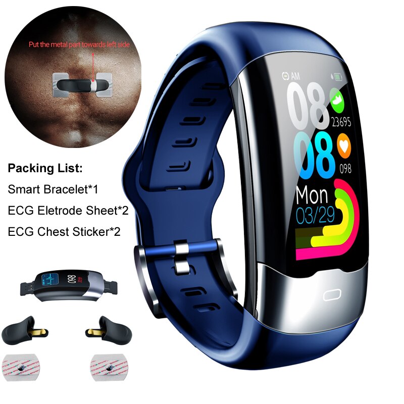 AVATTO ECG PPG HRV Smart Bracelet IP68 Waterproof Blood Pressure Oxygen Heart Rate Monitor Sport Tracker Men Women Wrist Band: Blue Electrod Sheet