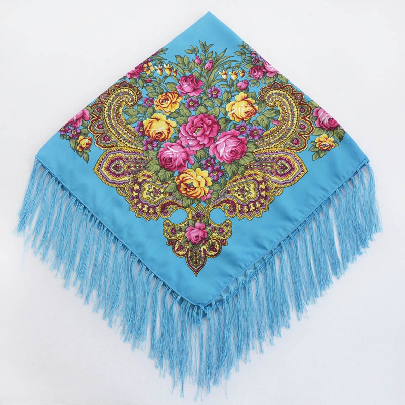Chal de estilo ruso Pavlovo Posad, chal Vintage con estampado Floral, hiyab, bufanda con borlas, 35*35 '',: turquoise