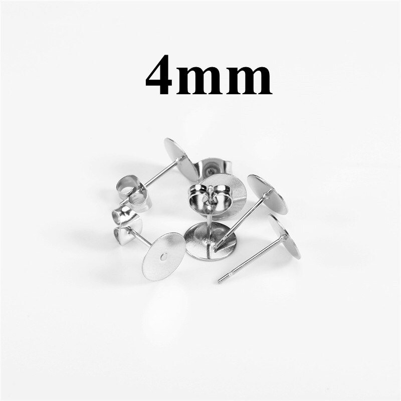 100 unids/lote 3-12mm poste de acero inoxidable blanco pernos de la Base de los pernos con los hallazgos del enchufe del pendiente de la oreja para hacer joyería DIY: 4mm