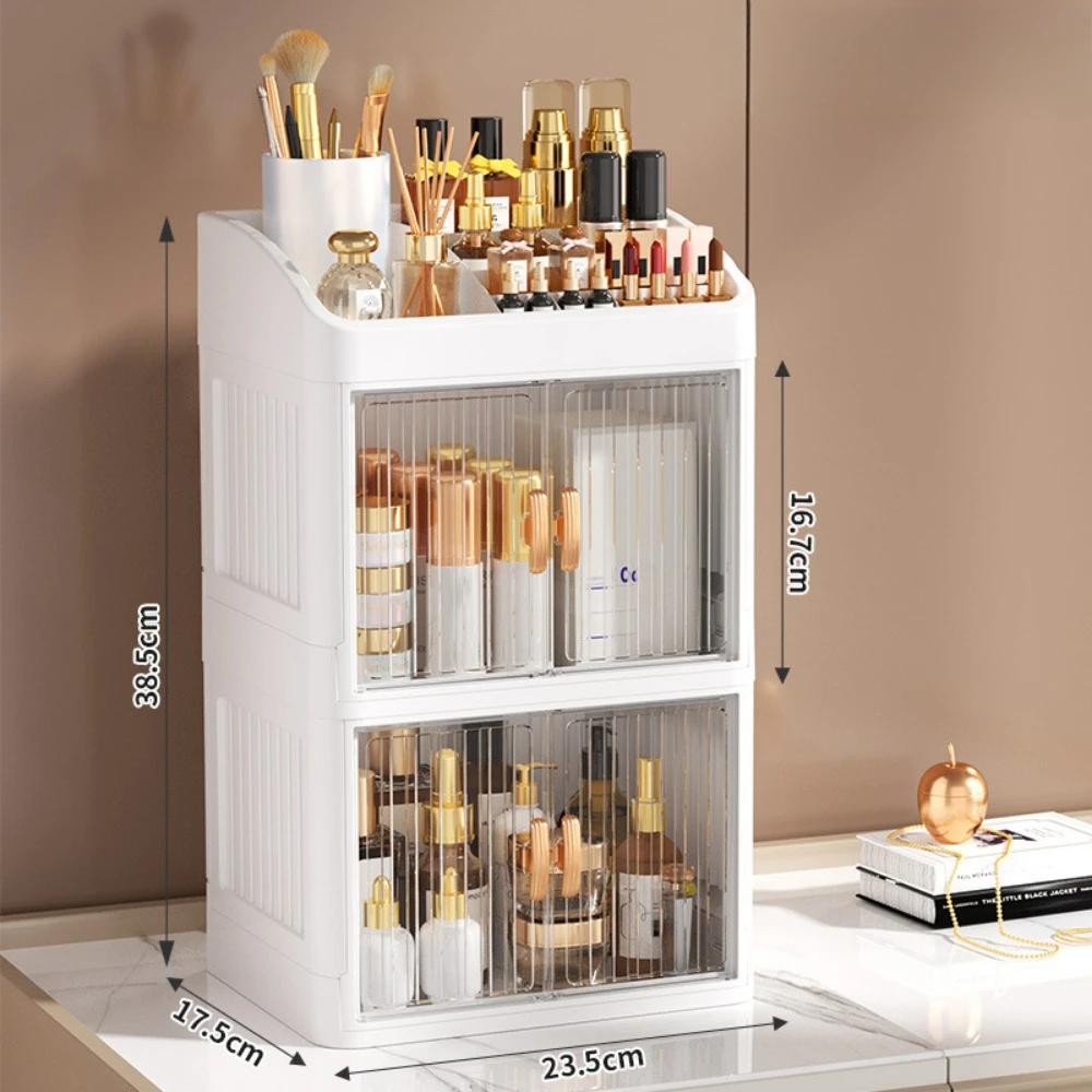 Caja de almacenamiento plegable, cajas organizadoras sencillas para el hogar, organizador de productos para el cuidado de la piel de doble puerta, estante de almacenamiento de papelería multicapa