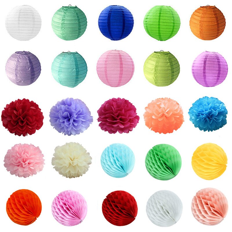 12pcs/set Mixed Paper Lantern Paper Honeycomb Ball Hanging Paper Pom PomsWedding Birthday Decor DIY Baby Shows Party Supplies