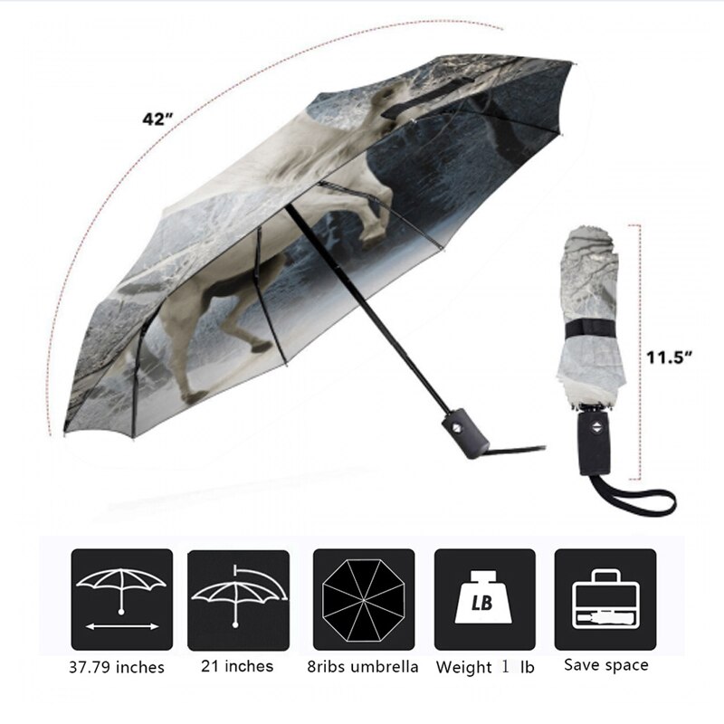 Anti uv drie opvouwbare witte paardenpatroon paraplu dieren schilderij pongee zonnige en regenachtige paraplu's mannen en vrouwen kunstparasol
