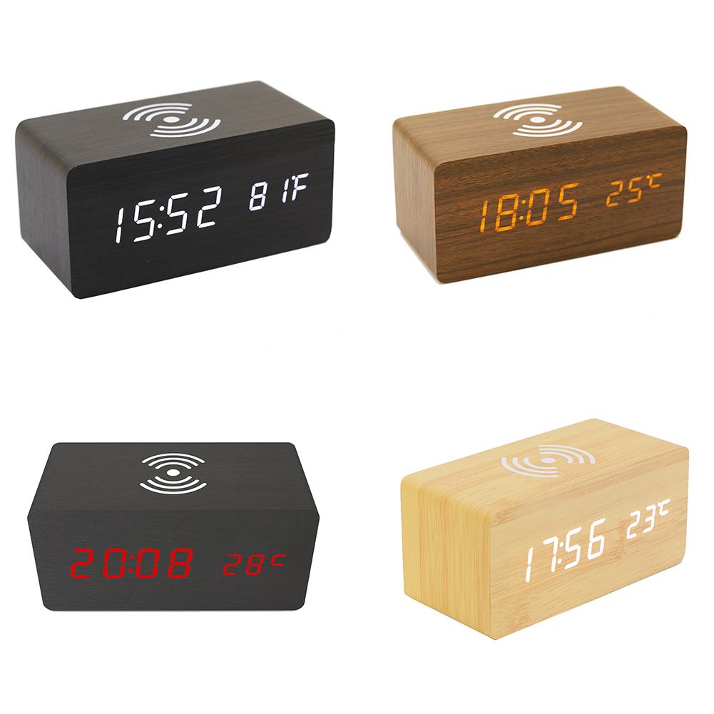 Multi-Function Alarm Clock Wireless Charger Wooden Clock For Apple Samsung Huawei Smart Phone