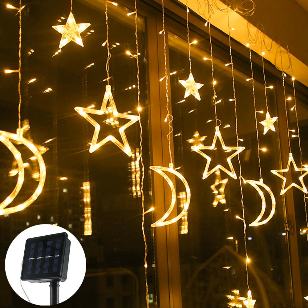 Christmas decoration Solar Powered LED Curtain Lights with Stars Moons Dimmable 8 Lighting Modes with Timer Twinkle String Light: warm light