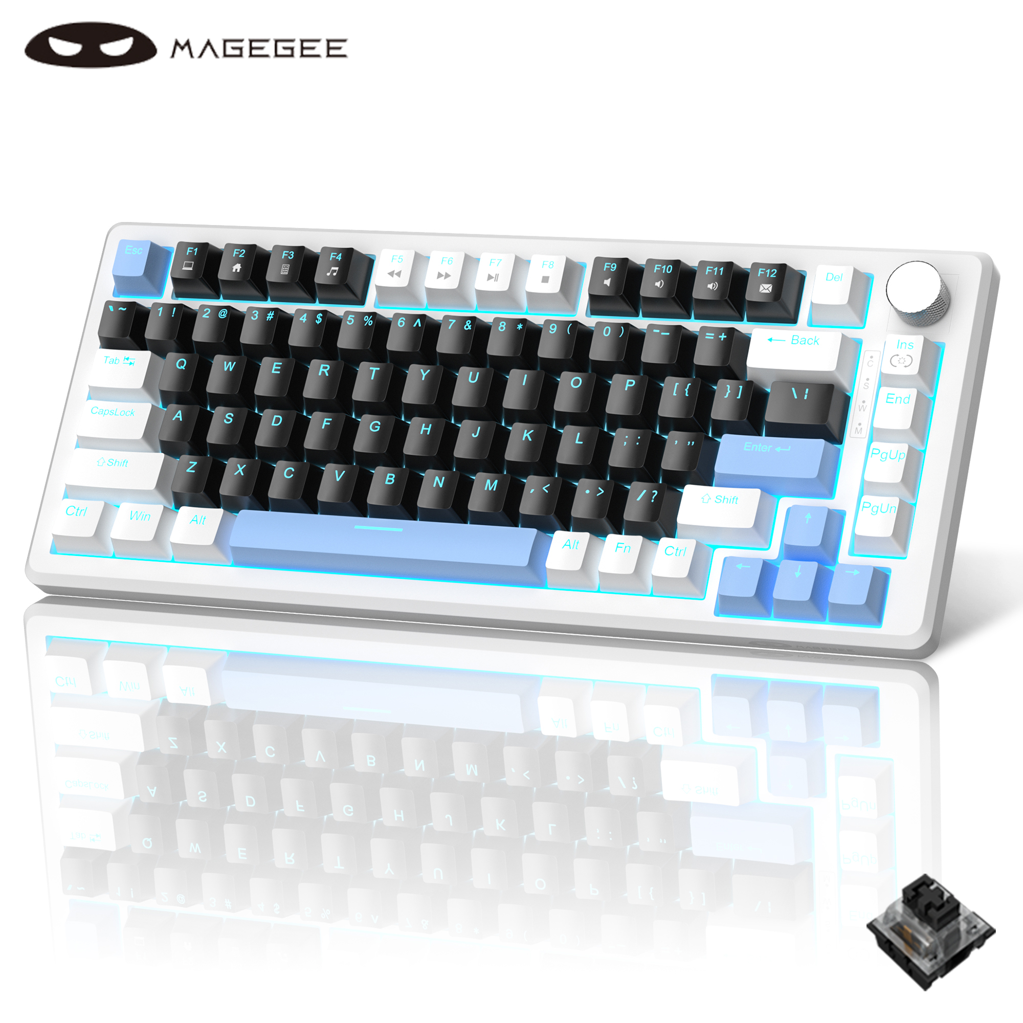 MageGee 75 % mechanische Spielen-Tastatur mit Knopfsteuerung, kompakte blaue, hintergrundbeleuchtete kabelgebundene Tastatur, schwarz/braune Schalter für PCWindows: Weiß