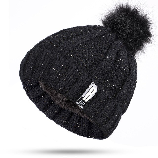 Dikke voering plus fluwelen winter dames pompon gebreide muts ring sjaal sets dames merk mutsen mutsen warme dames ring sjaal: Zwart -2