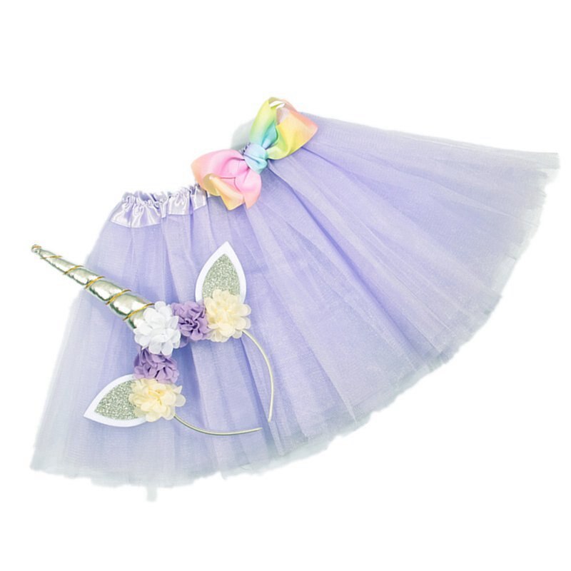 Vogueon criança do bebê tutu saia 9 cores elástico em camadas uma linha meninas arco tutu flor com unicórnio bandana para festa de aniversário: Lavender Tutu Set