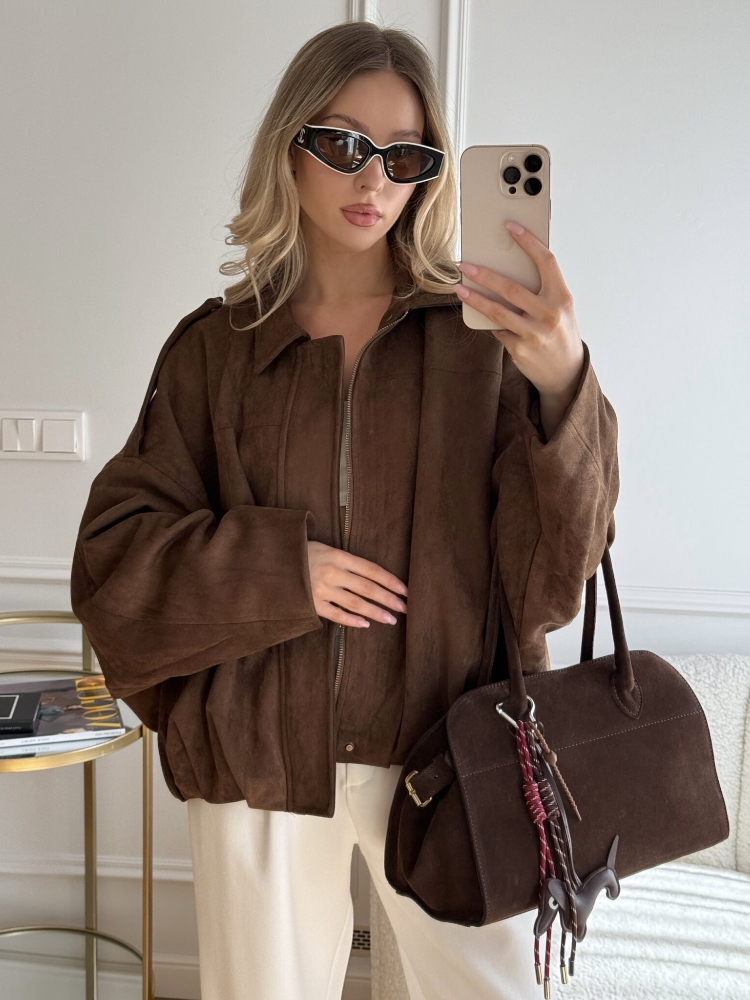 Chaqueta bomber de ante sintético de gran tamaño para mujer de ZBZA, con solapa con textura de ante, mangas largas de murciélago y dobladillo plisado, chaqueta bomber holgada, nueva prenda exterior vintage para mujer