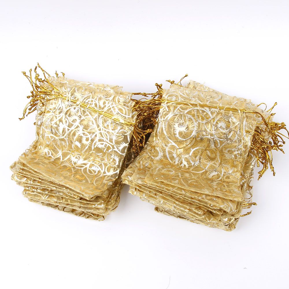 100Pcs/Bag Gold Organza Bags 9x12cm Nice Jewelry Packaging Bags Wedding Christmas Pouches Bag