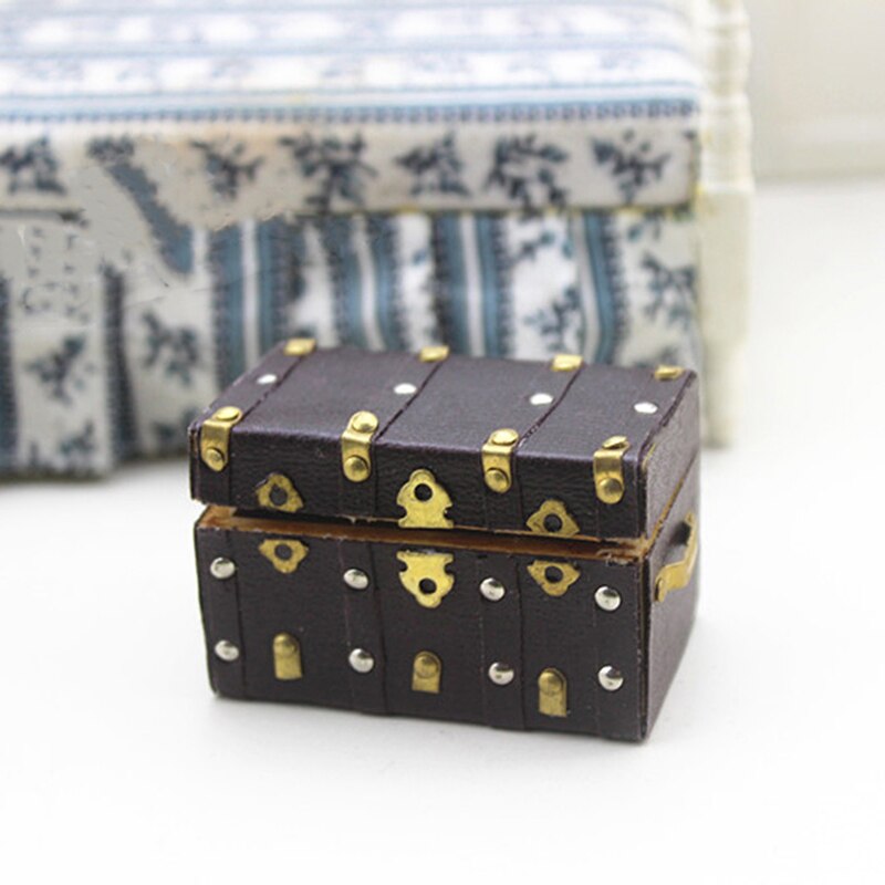 1:12 Miniature Treasure Chest Wood Case with Leather and Golden Holder Dollhouse Furniture Accessories