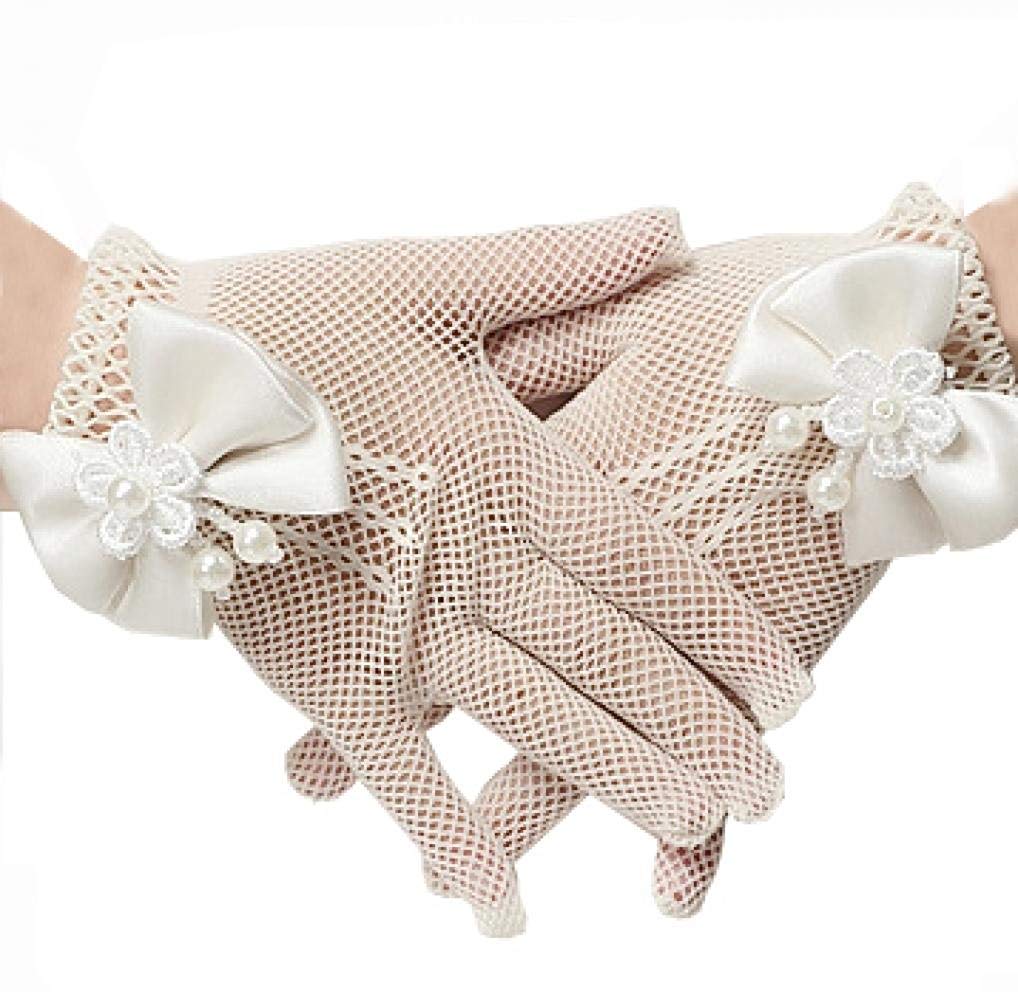Infant Baby Children Girls Pageant Dance Princess Birthday Party Lace Gloves White Mesh Bowknot Pearls Wedding Glove Age 4~16