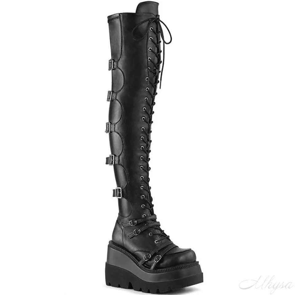 Female High Platform Thigh High Boots Buckle Punk High Heels Boots Women Cosplay Wedges Boots Woman Botas Mujer