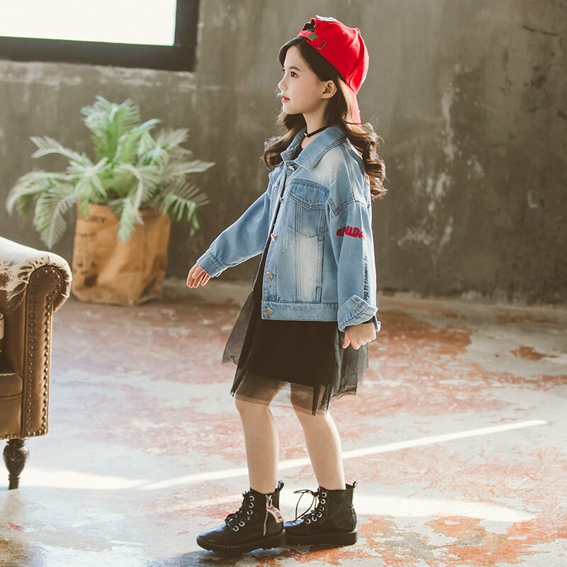 Dżinsowa kurtka dla dziewczyn 4-13 lat dzieci płaszcz dżinsowy wiosną i jesienią z powrotem haftowane litery kurtka dziewczyna płaszcze dziewczynka płaszcz