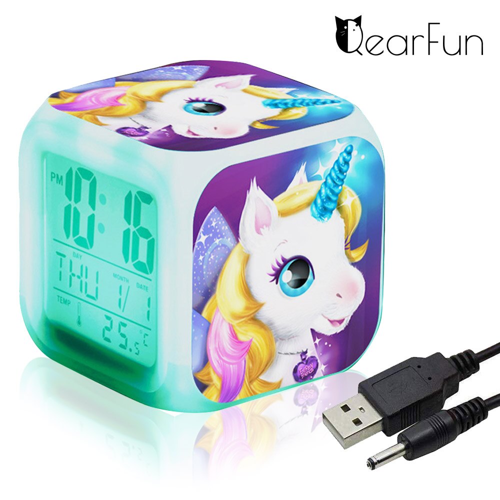 Unicorn Kids Alarm Clock 7 Colors LED Night light Wake Up Clock with Thermometer Snooze будильник Home Desk Decor Christmas: 6-no batteries