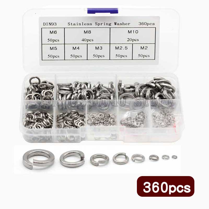 360pcs Spring Washer Assortment Kit stainless steel M2 M2.5 M3 M4 M5 M6 M8 M10 spring lock washer GB93 Elastic Gasket