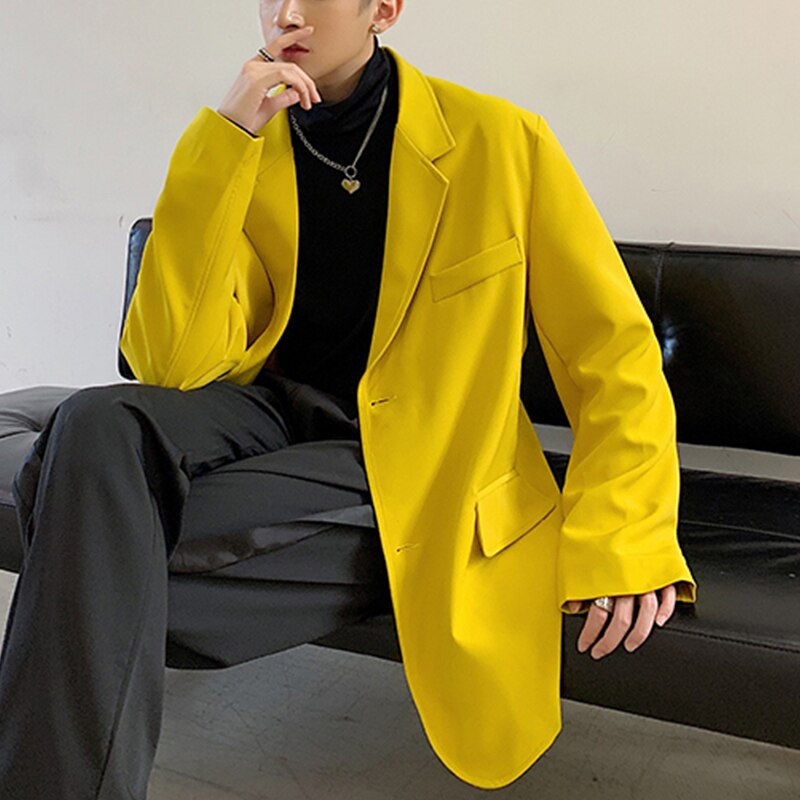Men Bright Yellow Suit Jacket Notched Lapel Loose Fit Two-Buttons Single Breasted Casual Jackets Spring Mens Outerwear