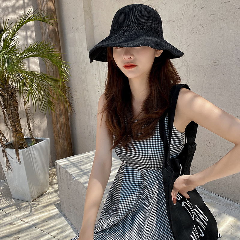 Sombrero de paja con lazo vacío para mujer, gorra de pescador plegable de ala ancha, de verano, para viajes al aire libre y playa, 56-58cm