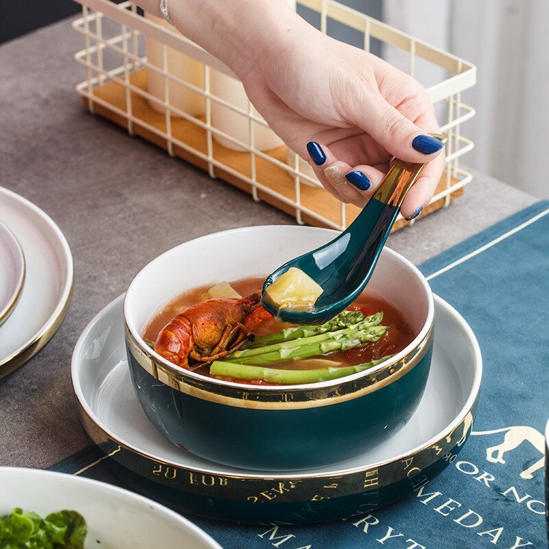 Nordic Stijl Groene Keramische Goud Inlay Diner Plaat Steak Food Lade Servies Rijke Soepkom Fruit Dessert Servies Set