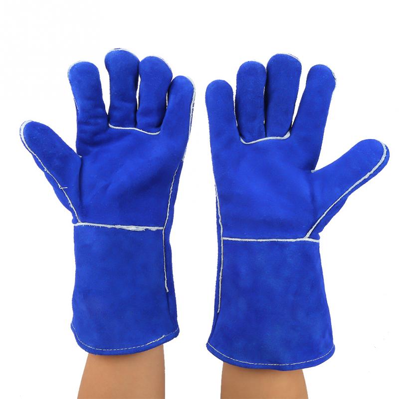 1 paar blauwe, uitgebreide, hittebestendige leren lashandschoenen voor bakken/koken/barbecueën