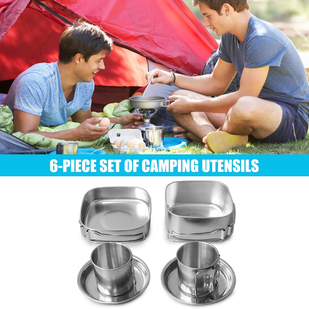 6pcs Outdoor Camping Hiking Cookware BBQ Pot Frying Pan Stainless Steel Picnic Camping Portable Outdoor Elements