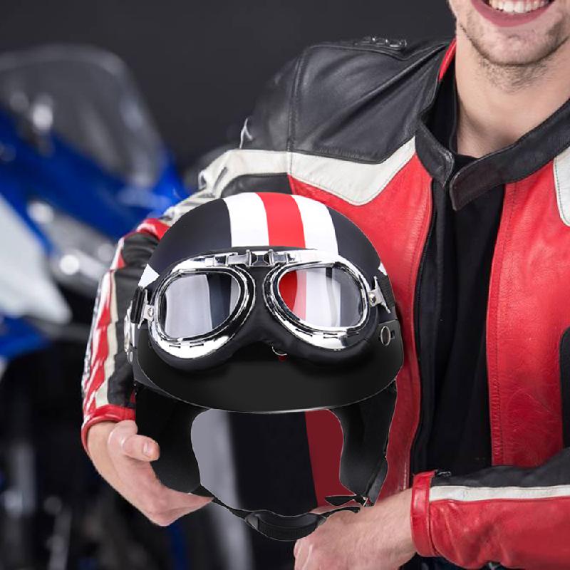 CARCHET Unisex Motorhelmen met Goggles Half Open Gezicht Strip Sterren Helm Retro Vintage 54-60cm Universal Cool man Helm