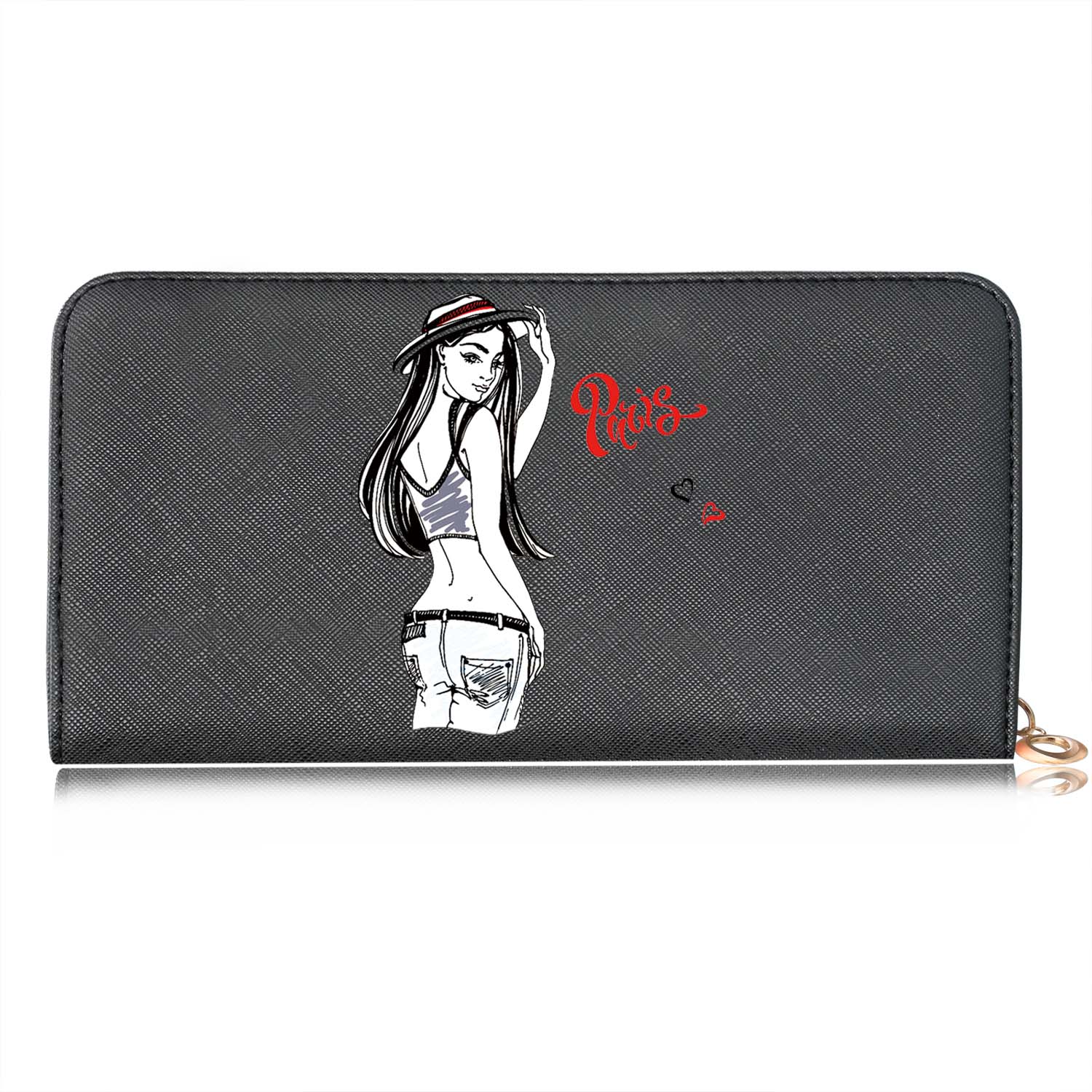 Casual Women Wallets Long Style Cartoon Woman Printing Pattern Female Card Holder Zipper Coin Purses Carteira Feminina: I black