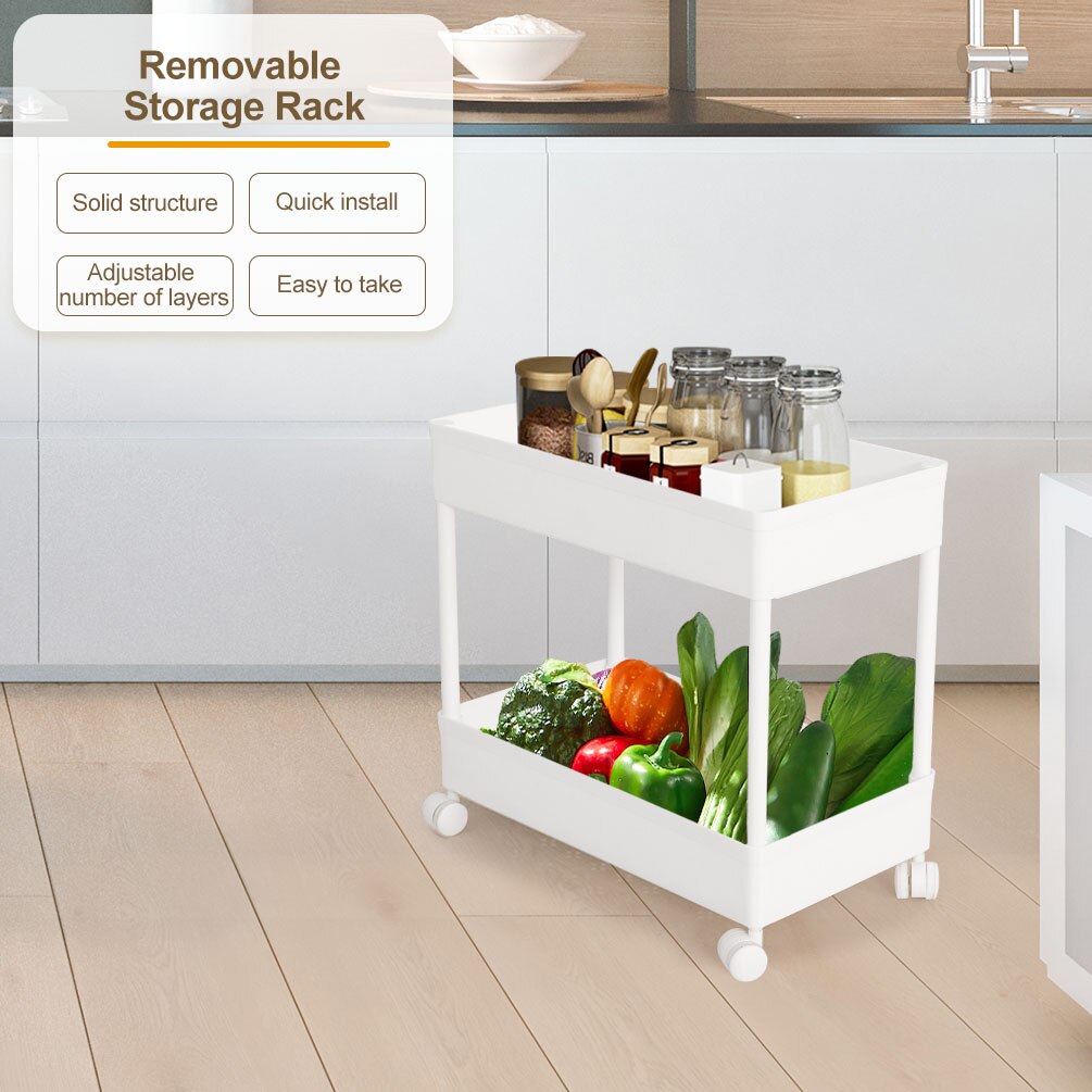 BAOYOUNI 2 Tier Plastic Slim Trolley Movable Storage Cart Pull Out Trolley Shelf with Wheels for Kitchen Bathroom White