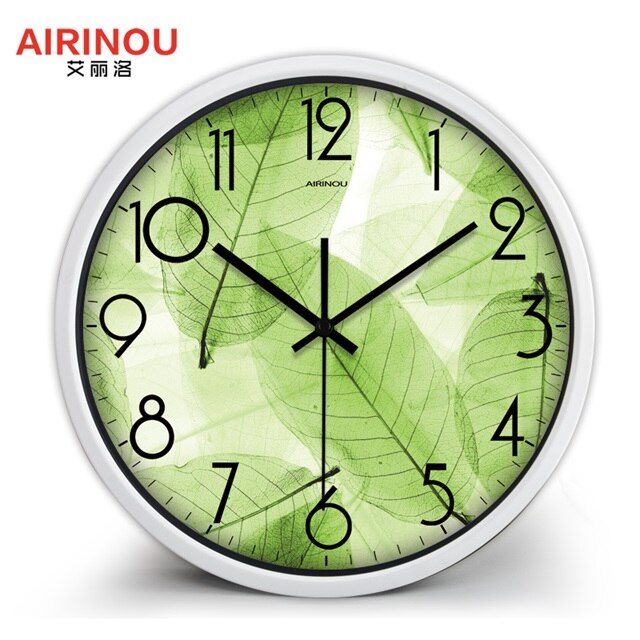 Airinou Green Wall Clock Translucent Leaf Nature Quite Living Room Quartz Glass Silent Home Decor Clock: A145W / 14 inch