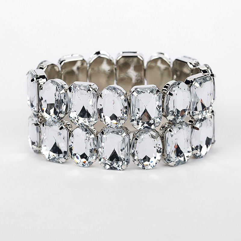Prachtige brede elastische bruidsarmband met strass-steentjes: Zilver