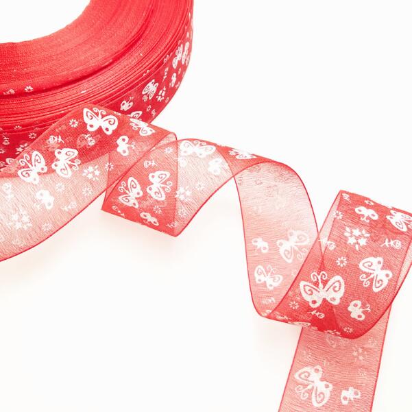 5 meters/partij 25mm Cartoon Vlinder Linten Gedrukt Organza Lint Tape voor Handwerken DIY cadeaupapier Decoratie: RED