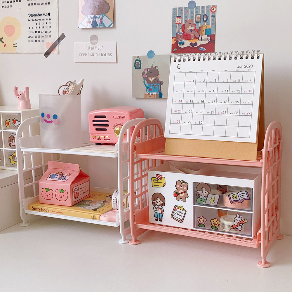 2 Tiers Desk Organizer Storage Holder Desktop Stationery Rack Multi-Functional Plastic Shelf Makeup Organizer Dormitory Shelf