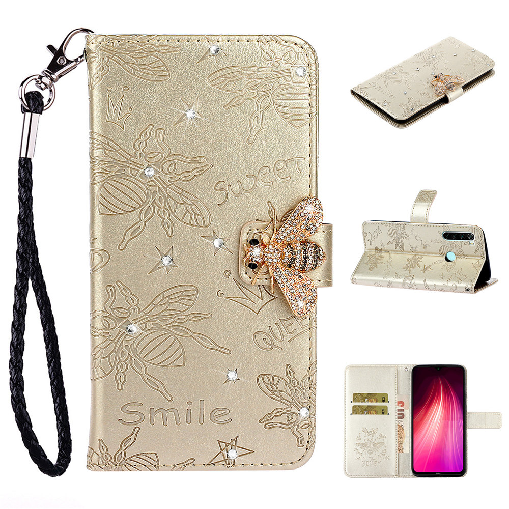 Bee Rhinestone Diamond Book Case Cover for Xiaomi Redmi 7 7A Note 7 8 Pro Luxury Flip Glitter Shell With Hand Rope