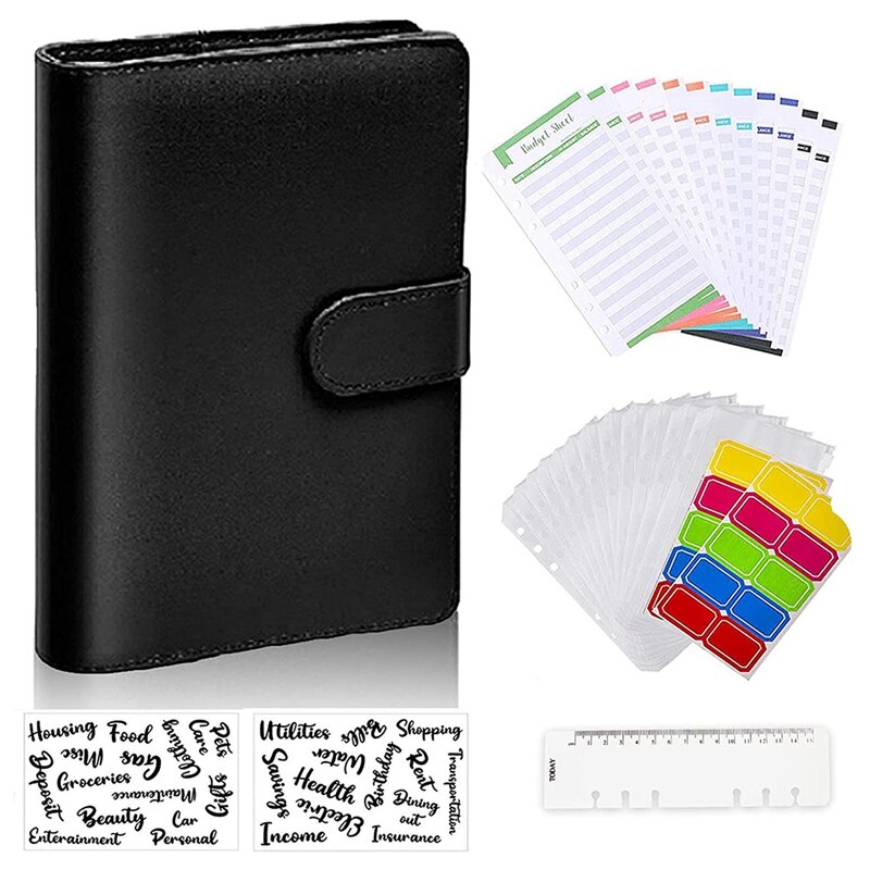 A6 Notebook Binder Budget Planner Organizer 6 Ring Binder Cover,Binder Pockets,Expense Budget Sheets Sticking Ruler: Black