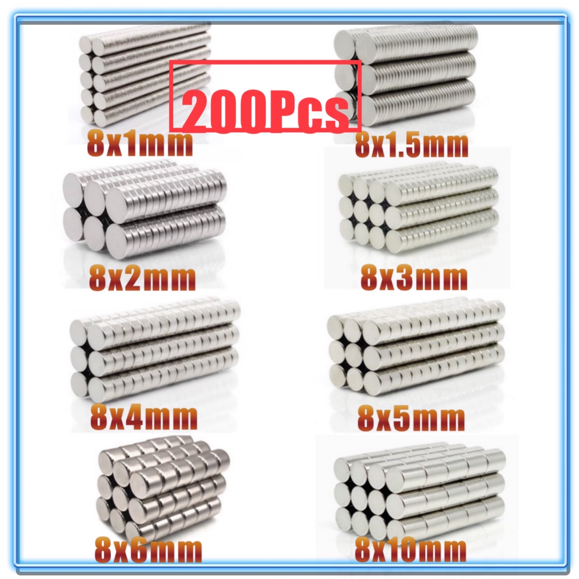 200Pcs N35 Round Magnet 8x1 8x1.5 8x2 8x3 8x4 8x5 8x6 8x10 mm Neodymium Magnet Permanent NdFeB Super Strong Powerful Magnets
