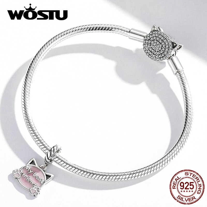 WOSTU argento Sterling 925 gatto rosa scritta il mio migliore amico fascino perline misura braccialetto originale gioielli fai da te CTC519