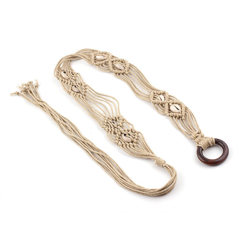 Shell Waist Rope Hand-knitted Knotted Belt Vintage Wooden Ring Buckle Decorative Dress Waistband Camel Beige: 1