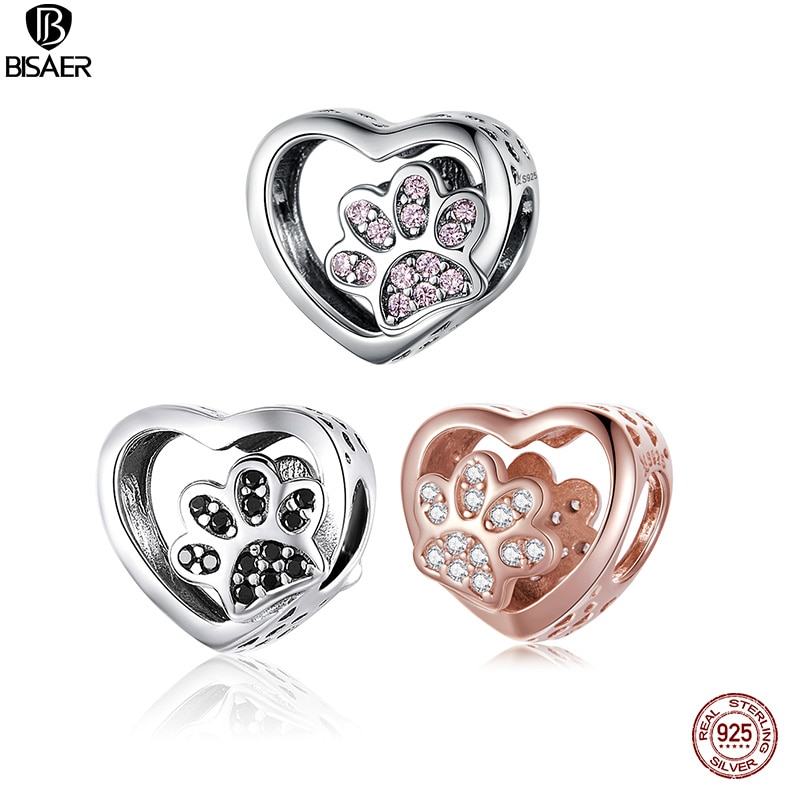 BISAER Dier Liefde Kralen 925 Sterling Zilver Hond Kat Voetafdrukken Charms fit Roze Zirkoon Armbanden DIY Sieraden Maken ECC1191