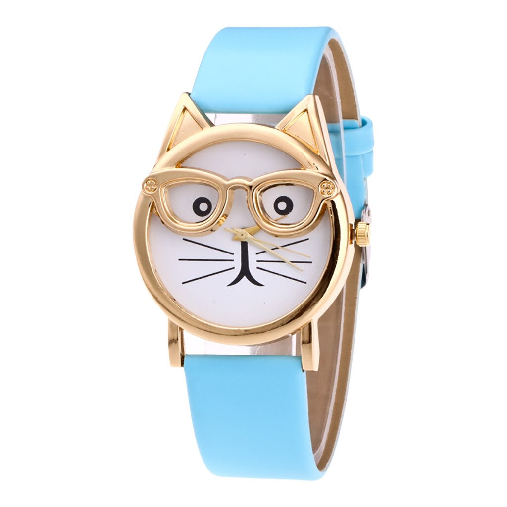 Casual Lovely Cat With Glasses Strap Dial Women's Quartz Watch часы женские horloge dames zegarki damskie: Sky Blue 